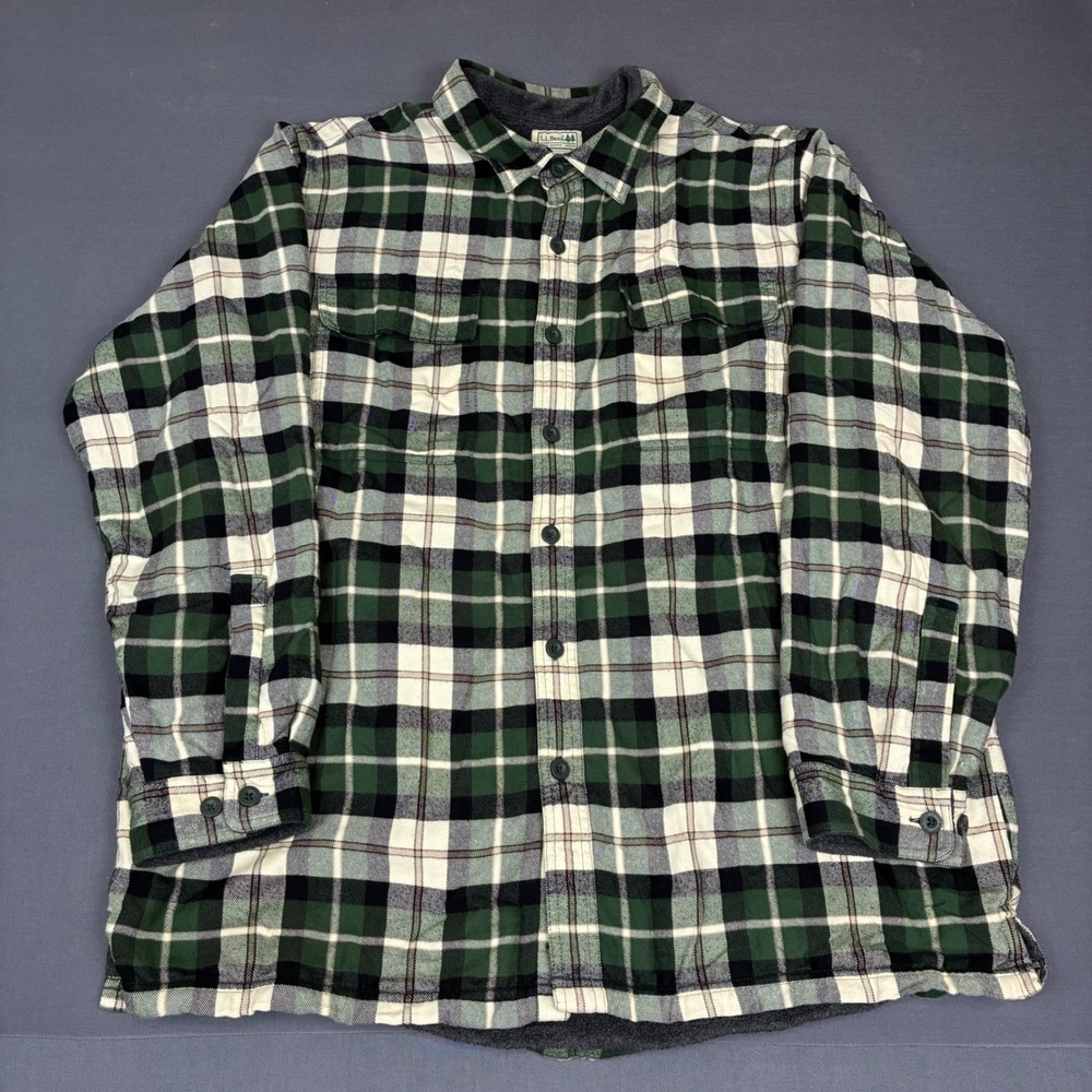 L.L Bean Fleece Lined Plaid Flannel Green Shirt Jacket Men's Size XL Reg 250393